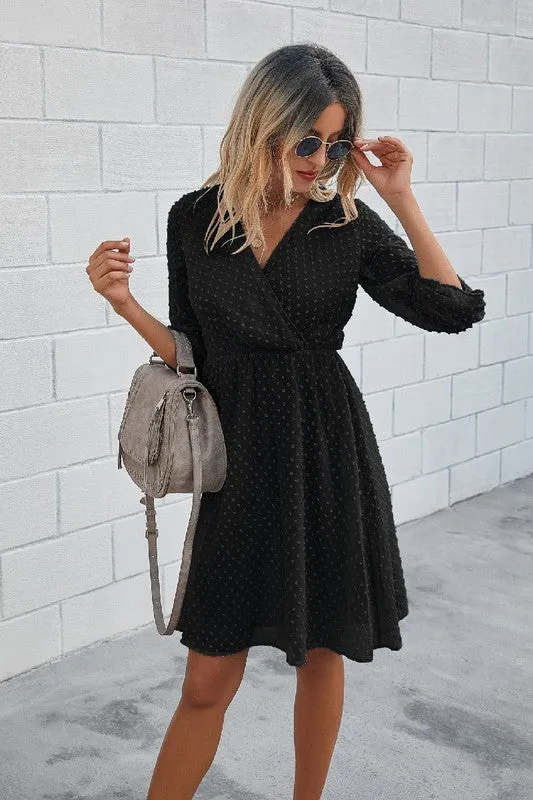 V Neck Wrap Solid Ruffle Dress