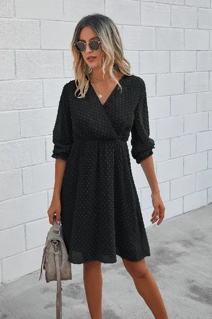 V Neck Wrap Solid Ruffle Dress