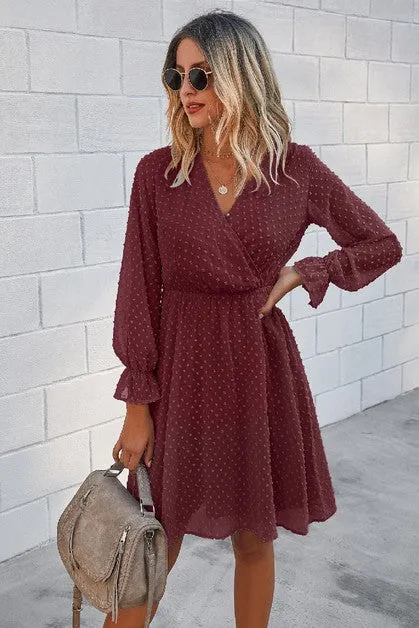 V Neck Wrap Solid Ruffle Dress