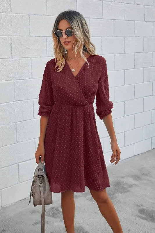 V Neck Wrap Solid Ruffle Dress