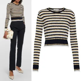 VALENTINO  |Crew Neck Stripes Long Sleeves Cropped Tops