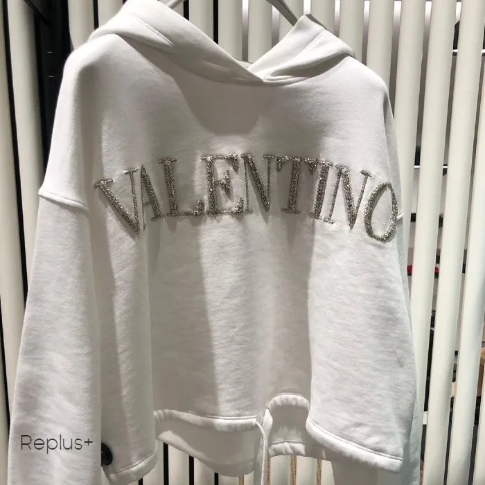 VALENTINO  |Long Sleeves Plain Cotton Glitter Logo Cropped Tops