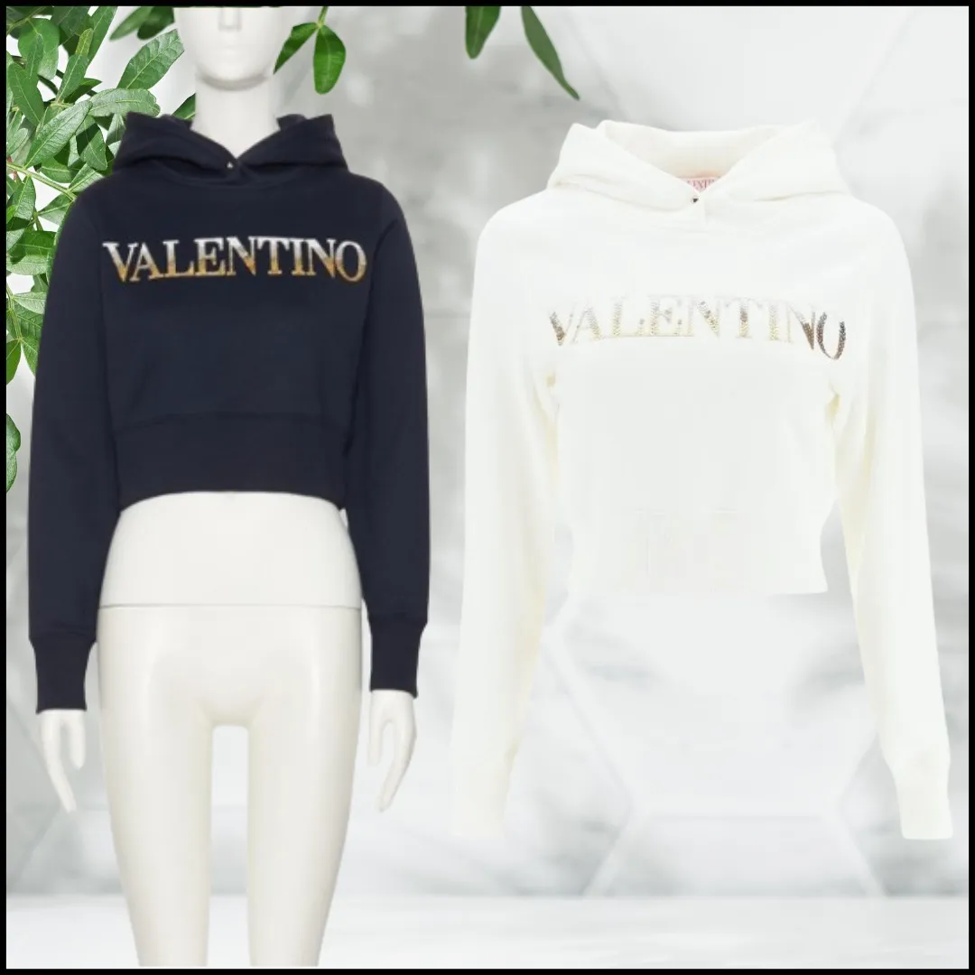 VALENTINO  |Long Sleeves Plain Cotton Logo Cropped Tops