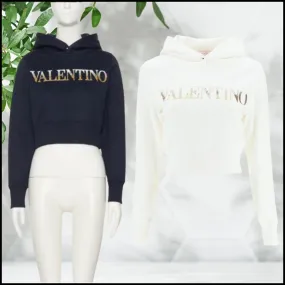 VALENTINO  |Long Sleeves Plain Cotton Logo Cropped Tops