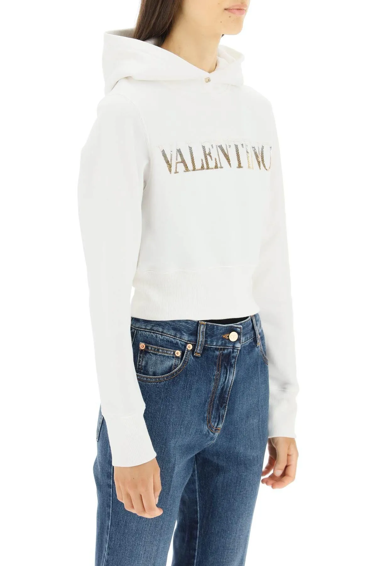 VALENTINO  |Long Sleeves Plain Cotton Logo Cropped Tops