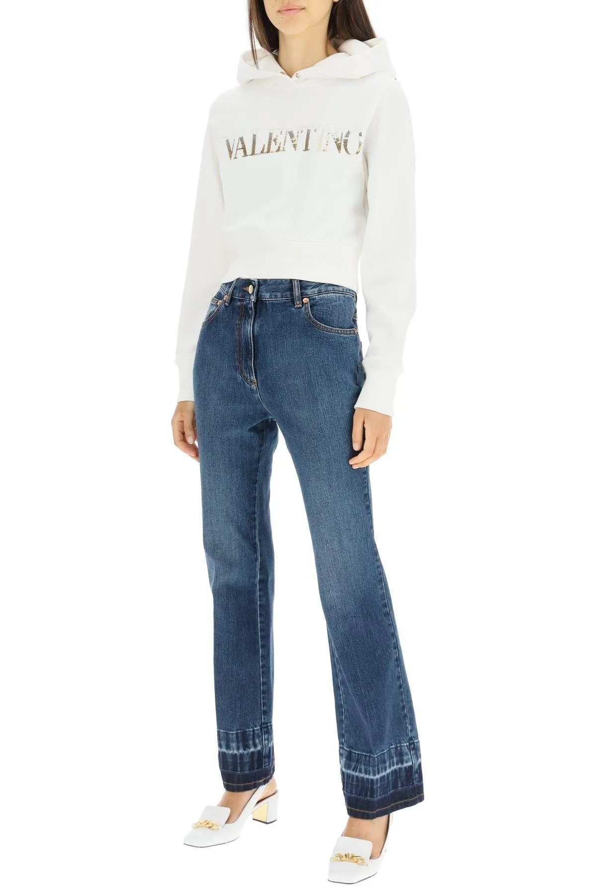 VALENTINO  |Long Sleeves Plain Cotton Logo Cropped Tops