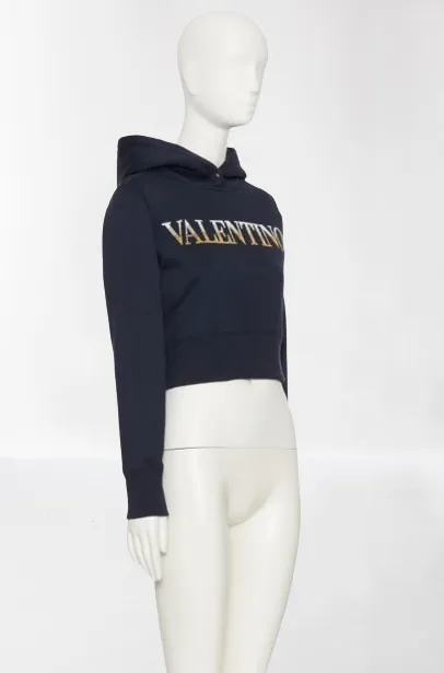 VALENTINO  |Long Sleeves Plain Cotton Logo Cropped Tops