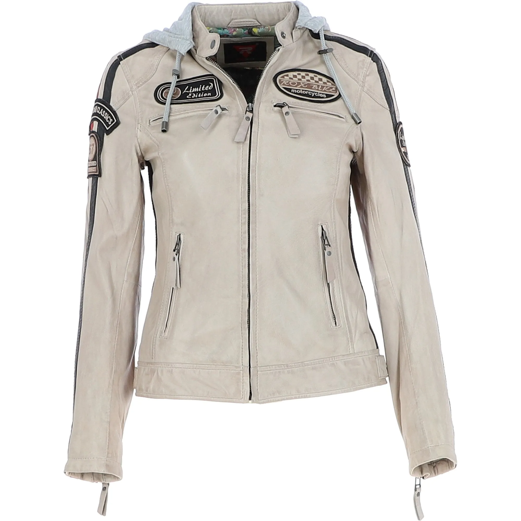 Women's Detachable Hood Leather Biker Jacket Beige: Nirma