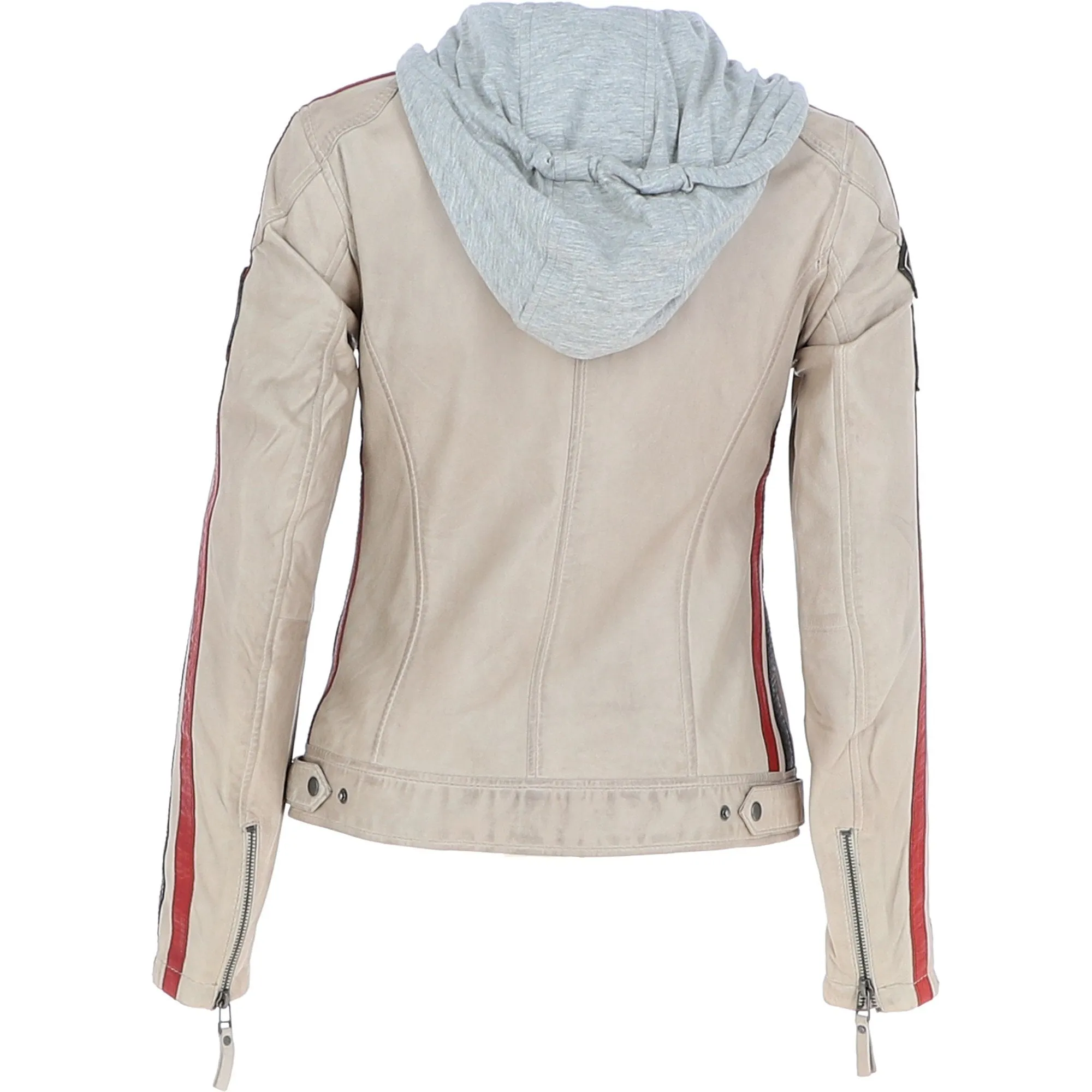 Women's Detachable Hood Leather Biker Jacket Beige: Nirma