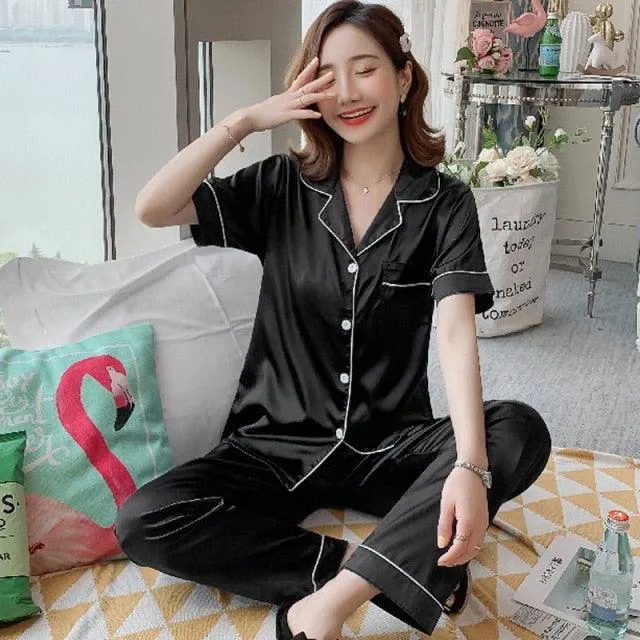 Womens Silk Satin Pajamas Pyjamas Set Sleepwear Pijama Pajamas Suit