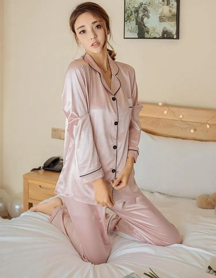 Womens Silk Satin Pajamas Pyjamas Set Sleepwear Pijama Pajamas Suit