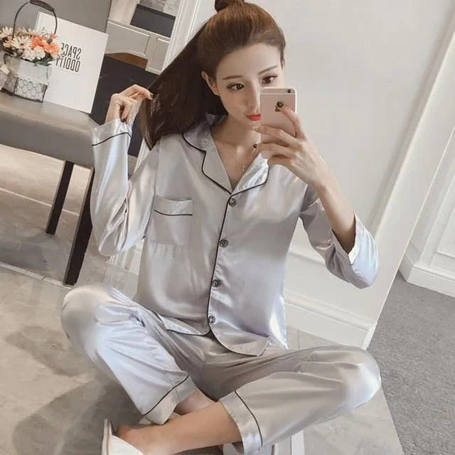 Womens Silk Satin Pajamas Pyjamas Set Sleepwear Pijama Pajamas Suit