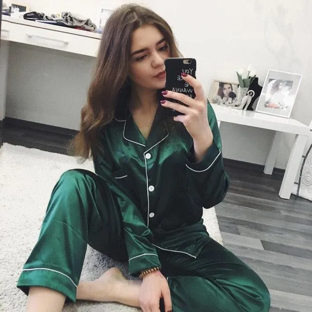 Womens Silk Satin Pajamas Pyjamas Set Sleepwear Pijama Pajamas Suit