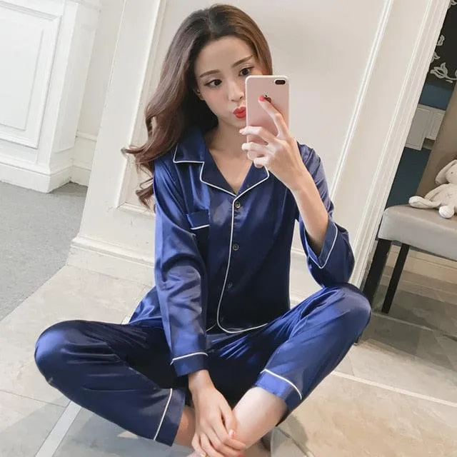 Womens Silk Satin Pajamas Pyjamas Set Sleepwear Pijama Pajamas Suit