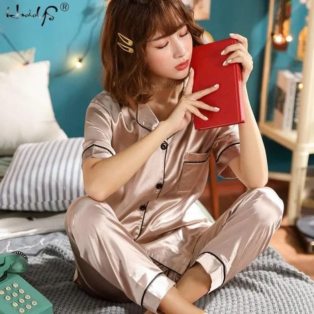 Womens Silk Satin Pajamas Pyjamas Set Sleepwear Pijama Pajamas Suit