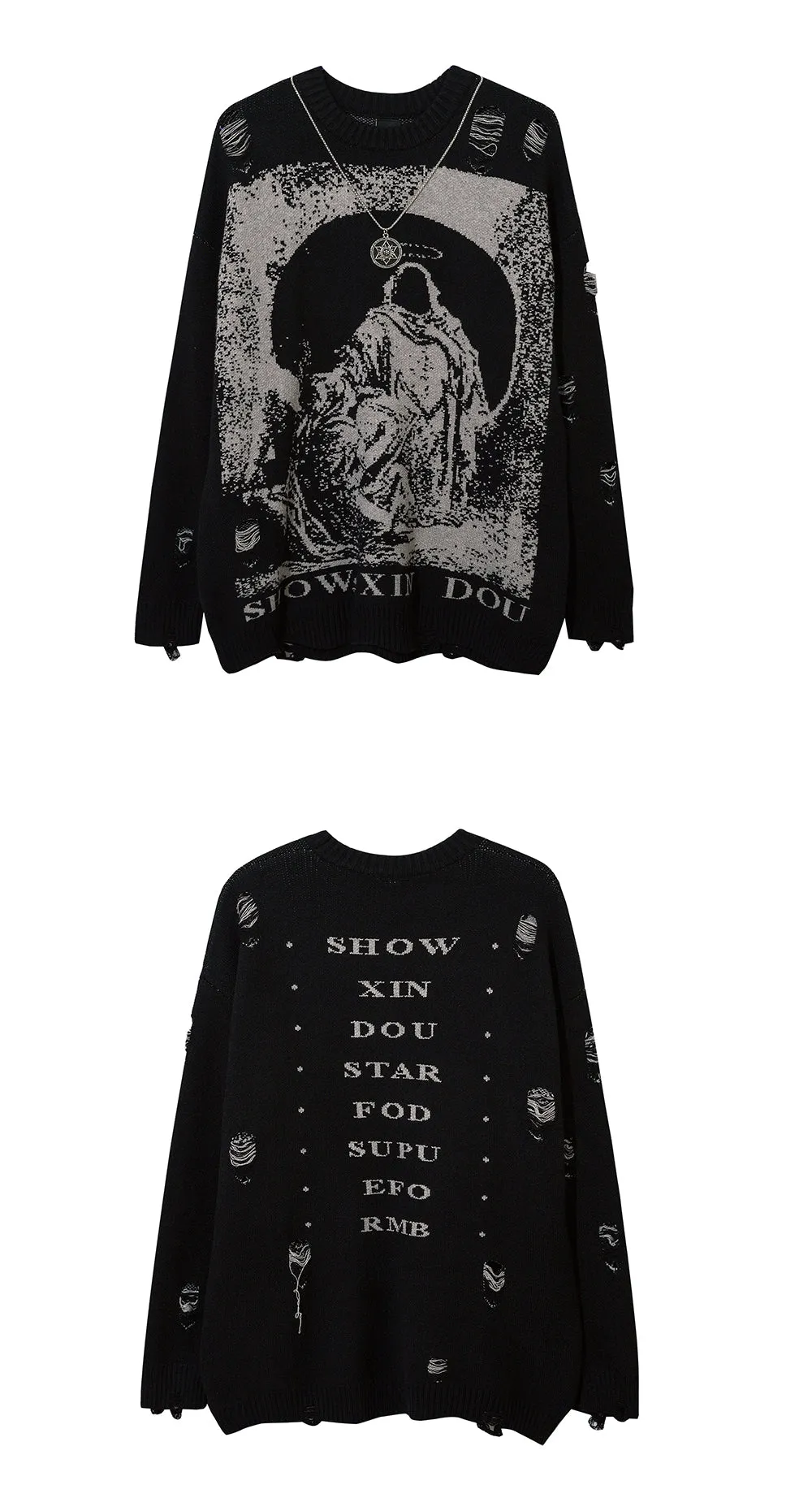 Xituodai Send Necklace Ripped Oversize Sweaters Frayed Knitted Long Sleeve Top Harajuku Streetwear Pullovers Gothic Men Y2k Wome