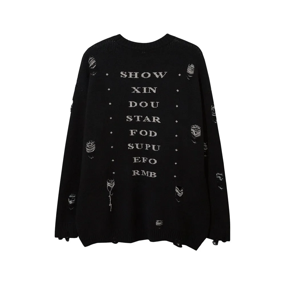 Xituodai Send Necklace Ripped Oversize Sweaters Frayed Knitted Long Sleeve Top Harajuku Streetwear Pullovers Gothic Men Y2k Wome