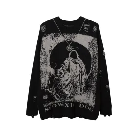 Xituodai Send Necklace Ripped Oversize Sweaters Frayed Knitted Long Sleeve Top Harajuku Streetwear Pullovers Gothic Men Y2k Wome