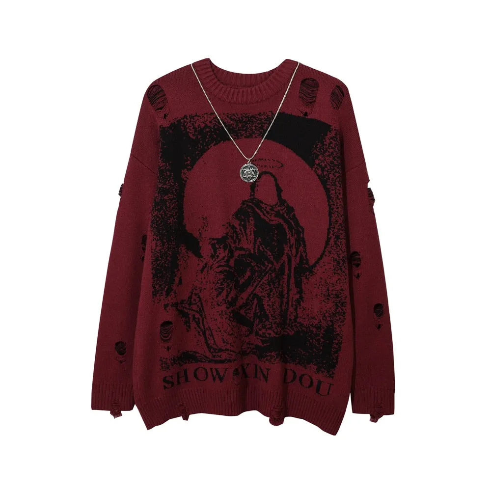 Xituodai Send Necklace Ripped Oversize Sweaters Frayed Knitted Long Sleeve Top Harajuku Streetwear Pullovers Gothic Men Y2k Wome