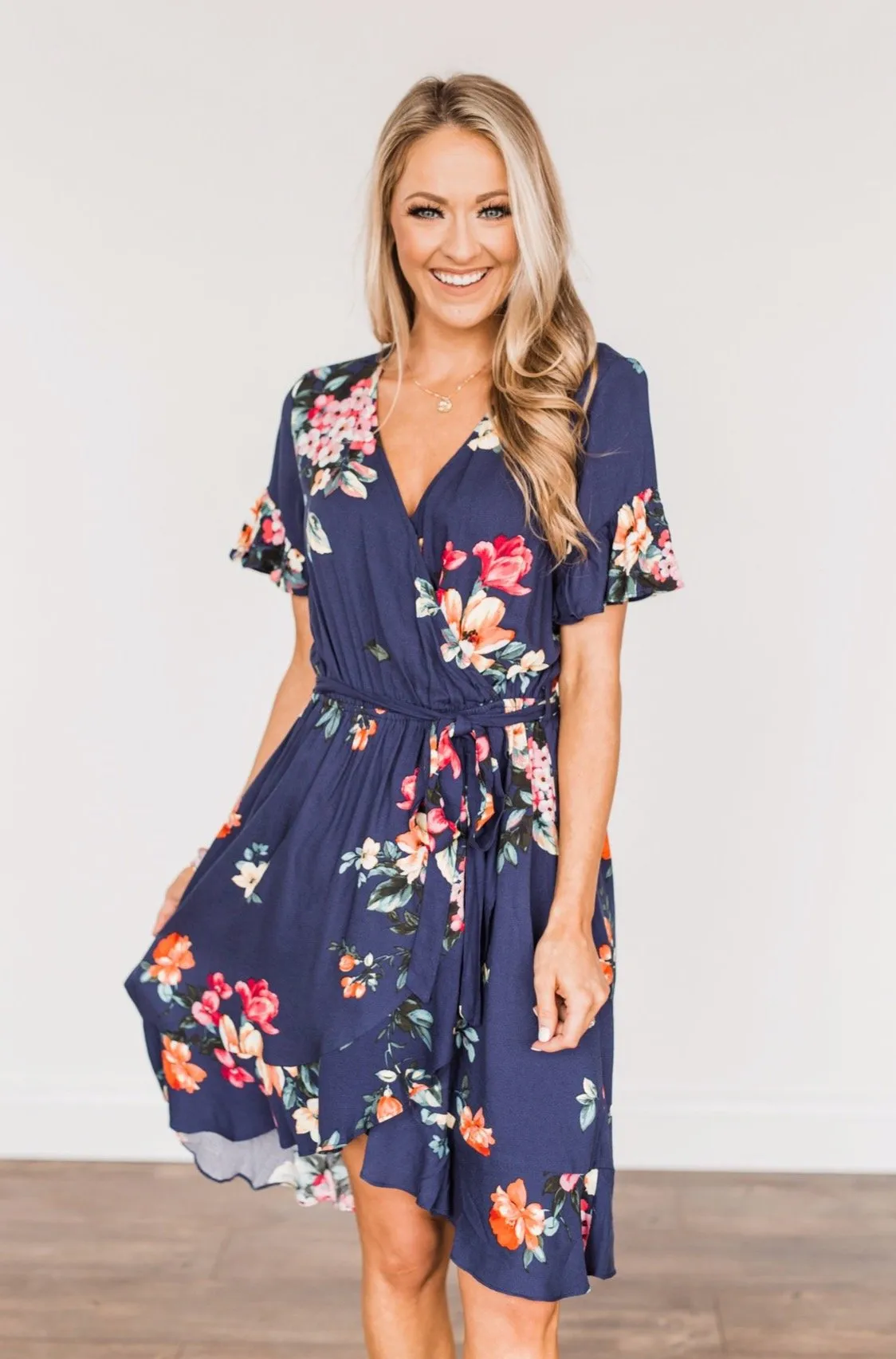 You're My Treasure Floral Wrap Dress- Navy