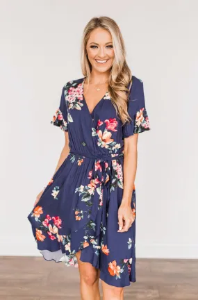 You're My Treasure Floral Wrap Dress- Navy