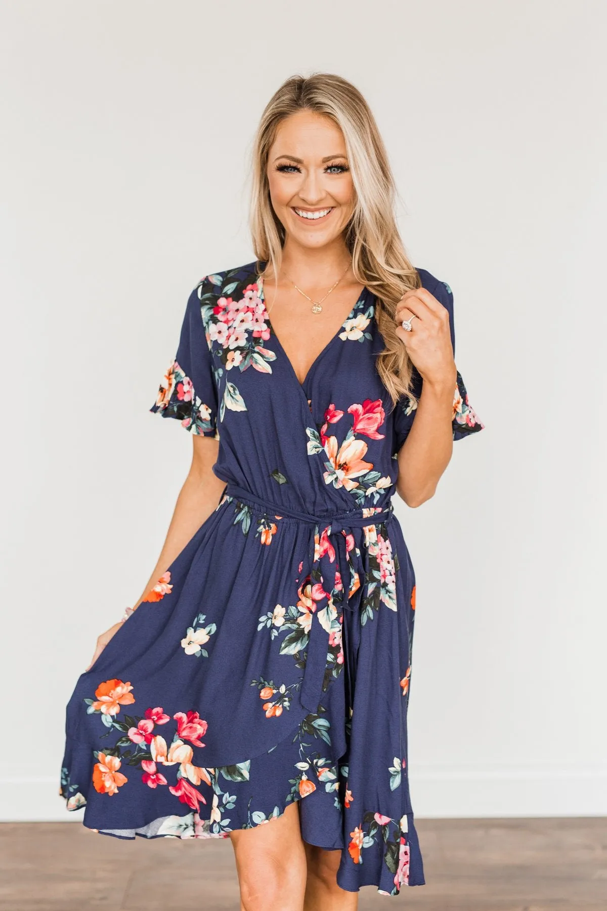 You're My Treasure Floral Wrap Dress- Navy