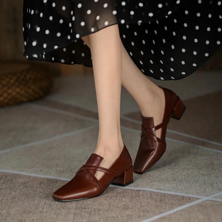 ZCS417 Women's French Pumps with Square Thick Heel - Casual Shoes